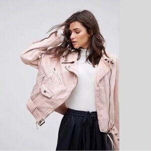 Free People Oversized Denim Moto‎ Jacket in rose pink